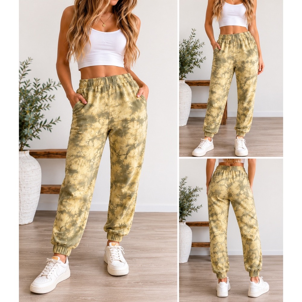 Stitch & Pine Tie Dye Joggers Womens L Green Tan Cotton Blend Boho Sweatpants